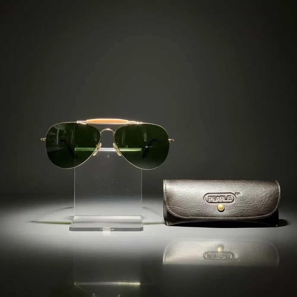 Vintage Opti-Ray Aviator Sunglasses-Green Lenses-Pearle Case-1970s-80s-Pilot-Mod